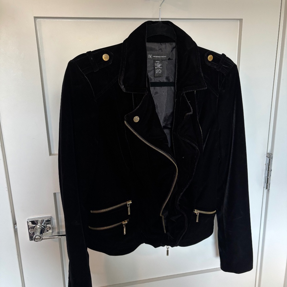 INC Black Velvet Moto Jacket with Gold Zipper Details – Size S
